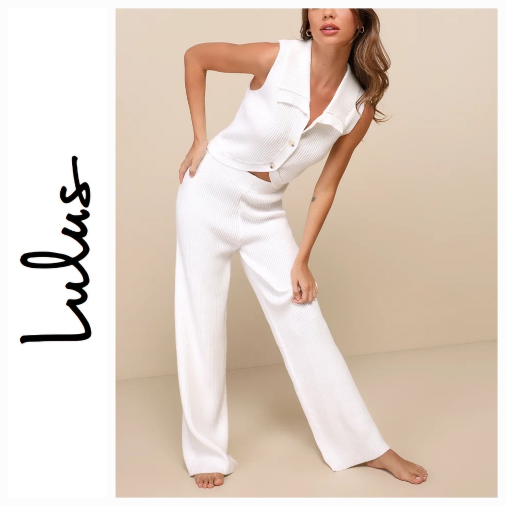 Lulus Sweater Pants - Cabincire BRAND NEW Ivory Ribbed Knit High Rise Wide Leg